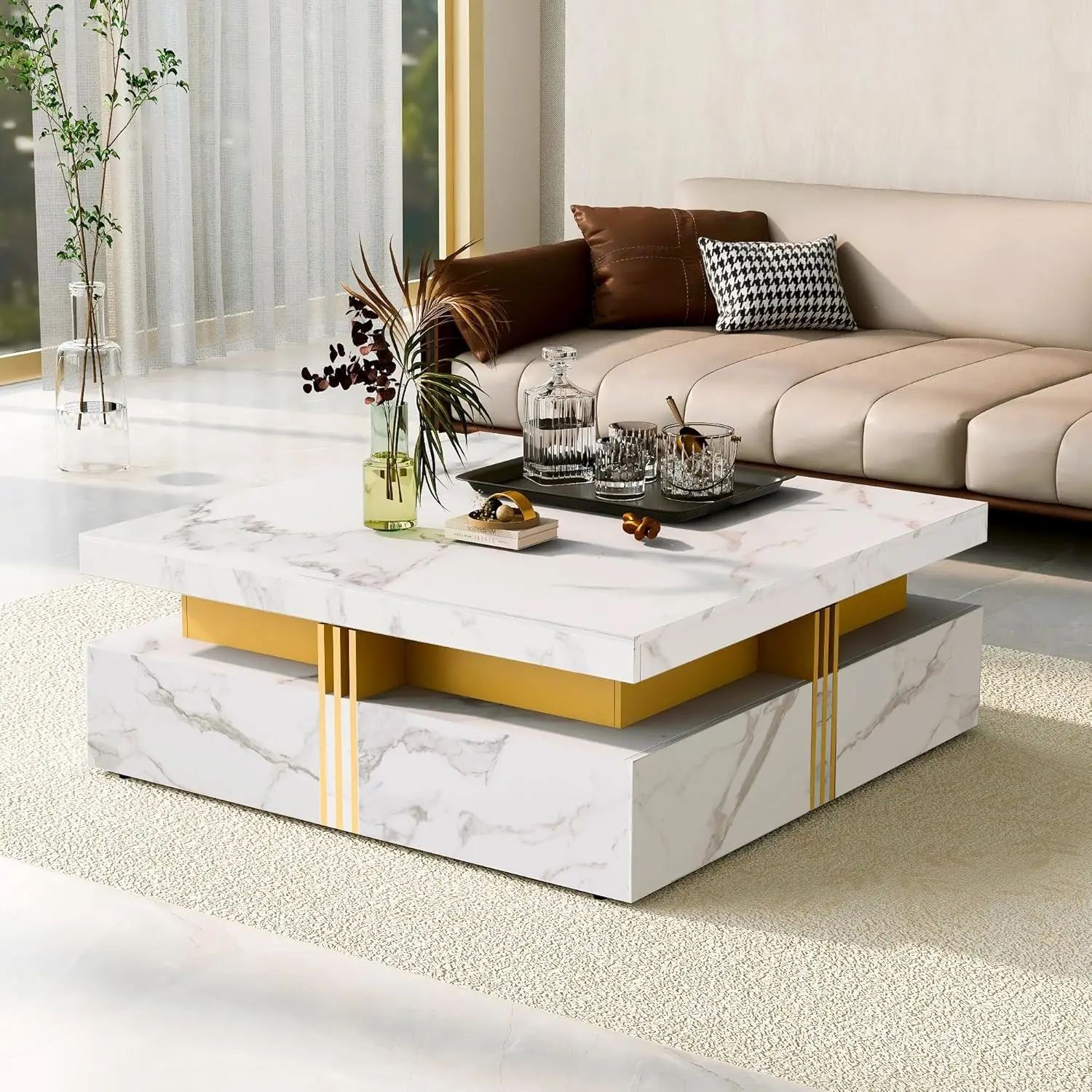 

Coffee Table, Modern Square Coffee Table with 4 Drawers, Contemporary Luxury Center Table Cocktail Table with Gold Accents