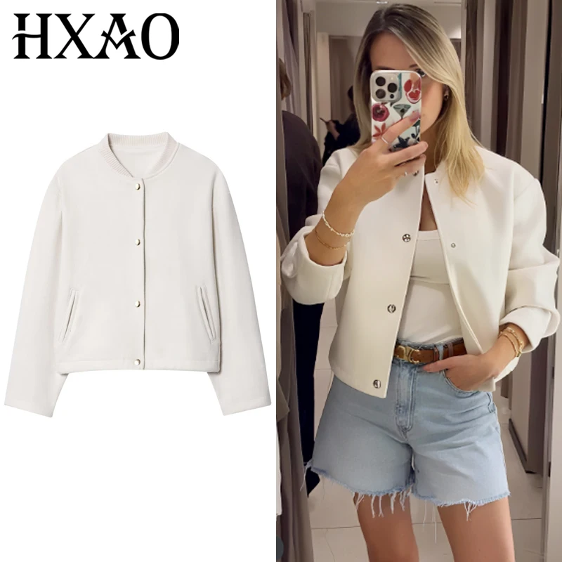 HXAO Bijgesneden beige jas Damesbomberjack Demi-seizoen Mode O-hals Knoop Lange mouw Jassen Chique Elegant Zacht Bovenkleding