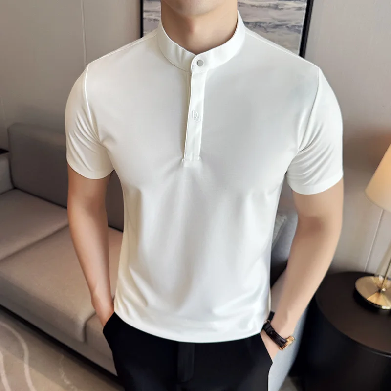 Men Polo Shirt, Chinese Standing Collar, 2024 Summer New Light and Thin Solid Color Casual Short Sleeved T-shirt, Men\'s Clothing