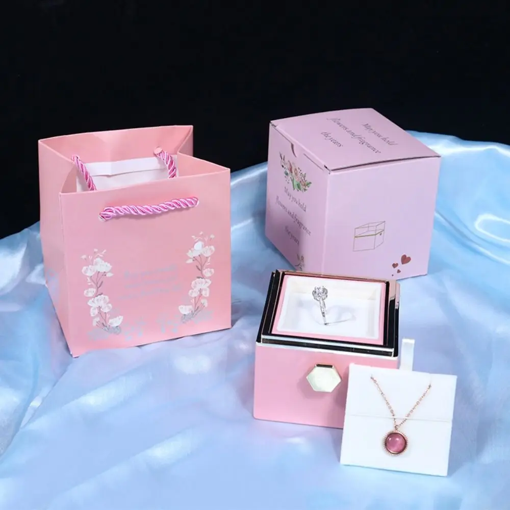 Eternal Rose Flower Jewelry Box Double Lining Storage Case Rotating Jewelry Box Acrylic Necklace Preserved Jewelry Gift Box