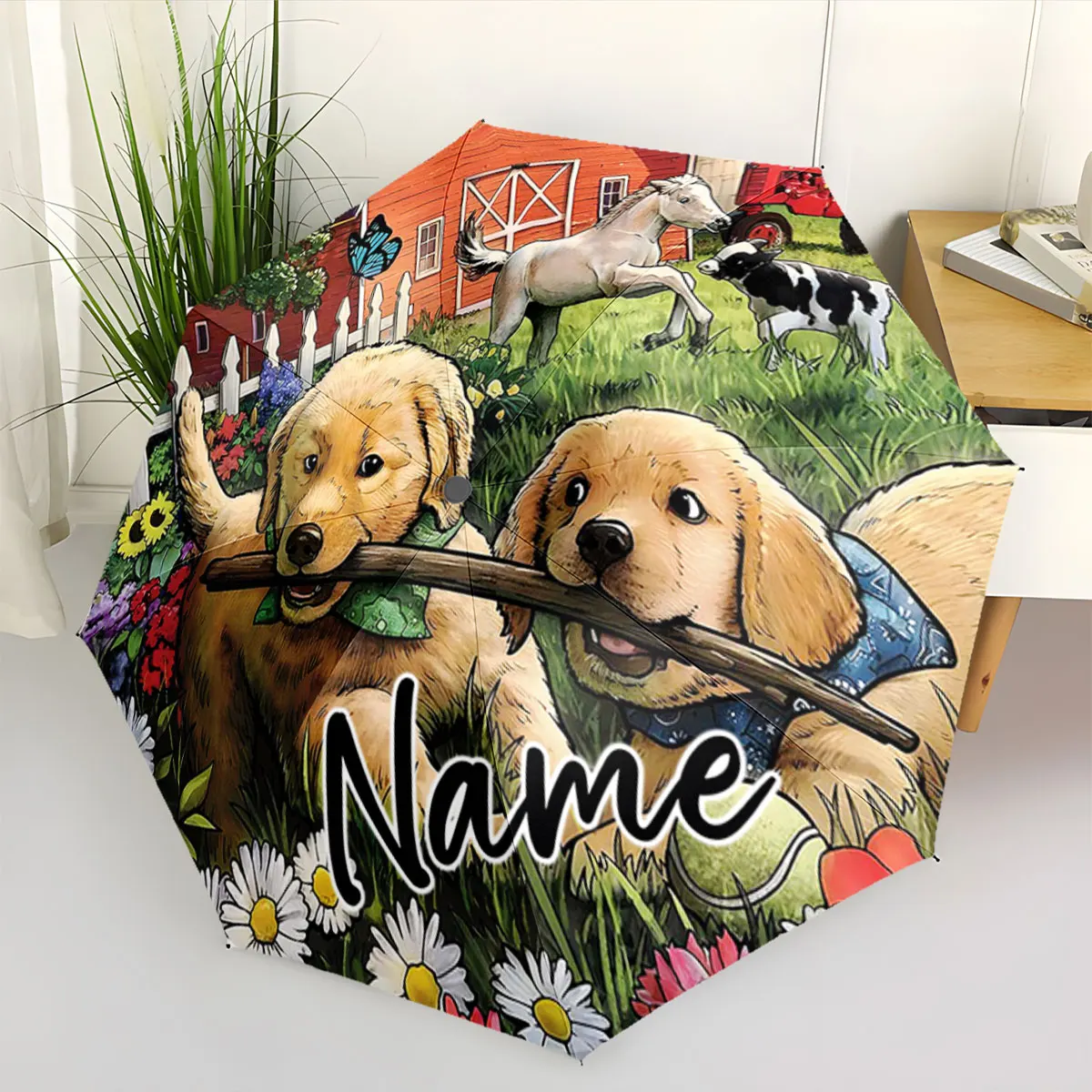 Custom Name Umbrella Charming Garden Adventure Playful Pups Horse Print 8Iron Ribs Folding Umbrella Auto-Open Fashion Sunshade