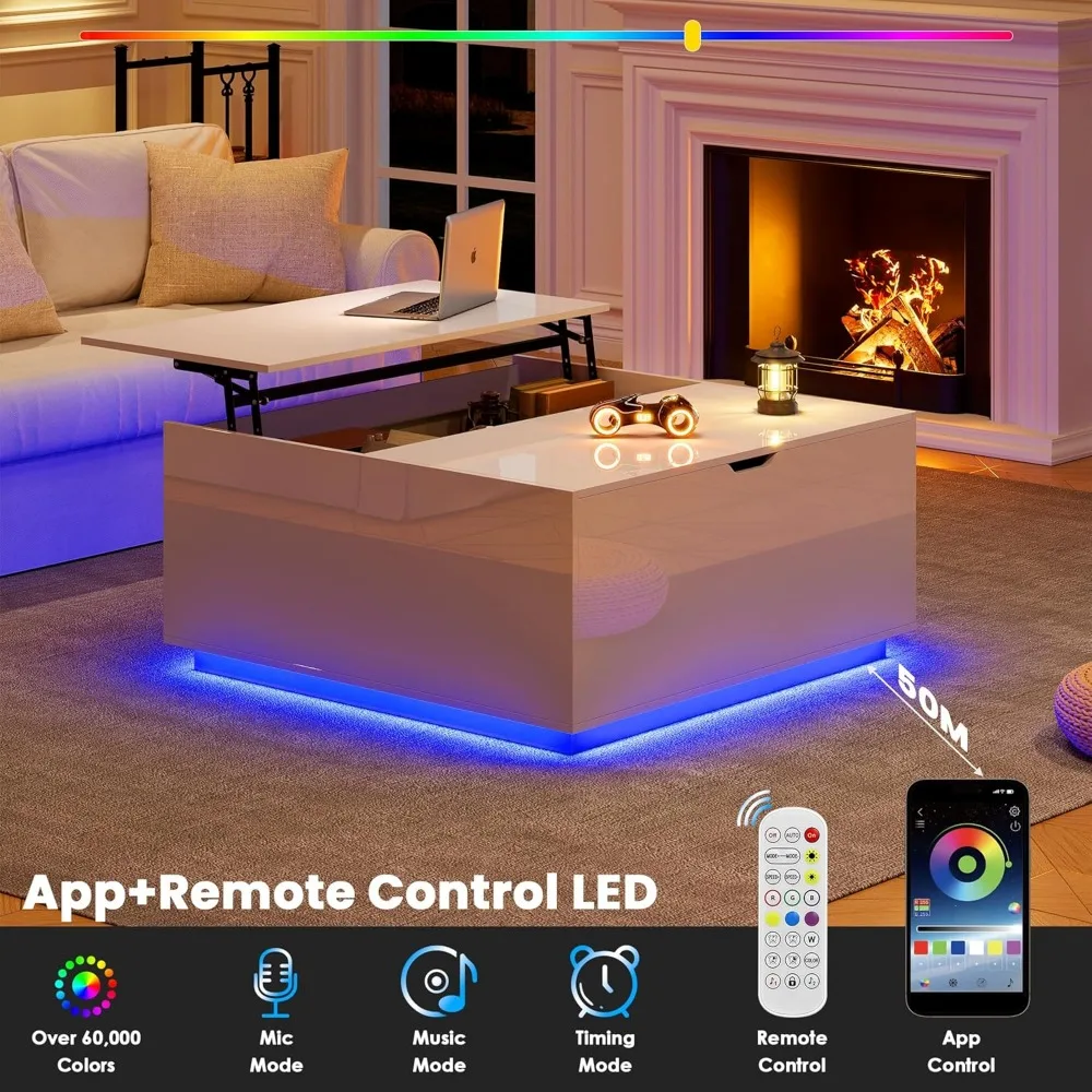 High Gloss Coffee Table with Storage,White Square Lift Top Coffee Tables with LED & Flip Lid, Small Modern Coffee Table for Livi