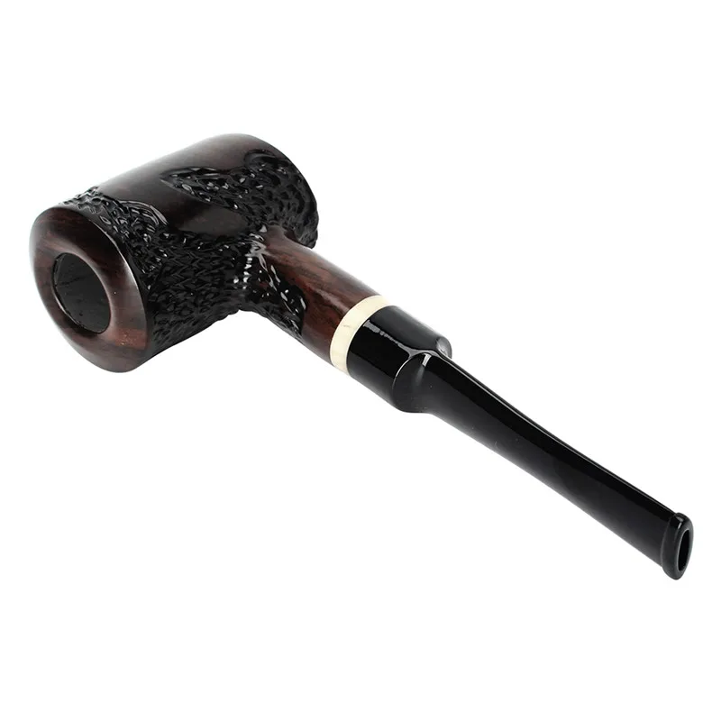 RU MuXiang Carved Ebony Pipe with 10 Piece Clean Set, 9mm Filter Straight Tobacco Pipe, Handmade Black Hammer Pipe Gift for Men