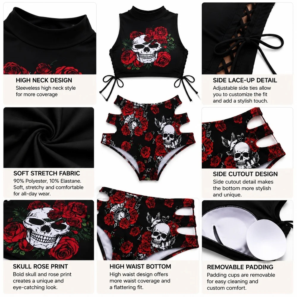 Women Black Skull Rose Bikini Set High Neck Lace Up Top High Waist Cutout Bottom Two Piece Swimsuit Beach Pool Vacation Wear - view 6