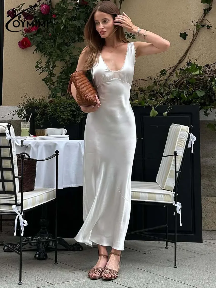 

Oymimi Fashion White Lace Dresses For Women Elegant V-Neck Sleeveless Zipper Dresses Summer Straight Ankle-Length Dress Female