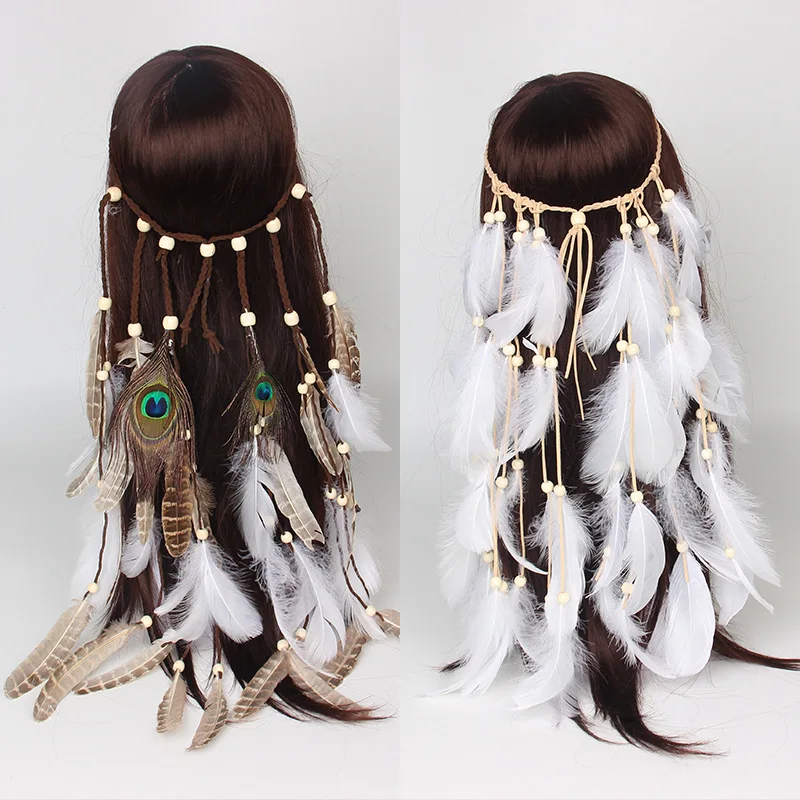 

Bohemian Feather Hairband Indian Gypsy Headband with White and Brown Feather Tassel Hemp Rope for Festival Masquerades Carnival