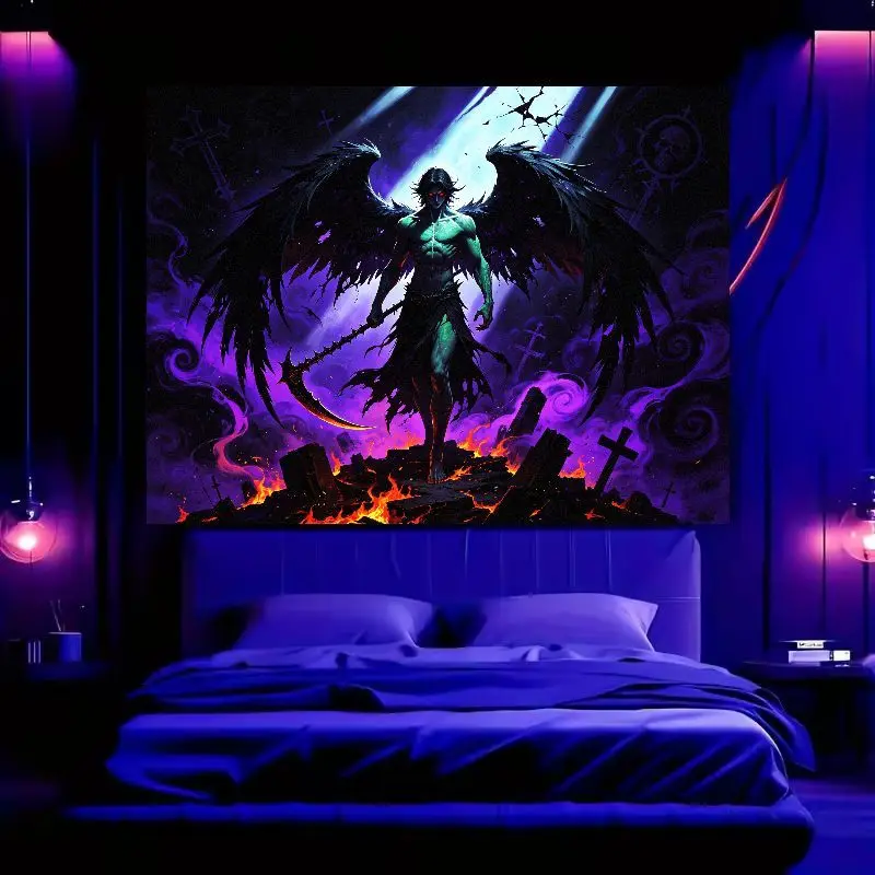 VIKAMA Dark Fallen Angel Grim Reaper Tapestry, Gothic Demon Grim Reaper Polyester Wall Hanging, Bedroom Wall Decoration