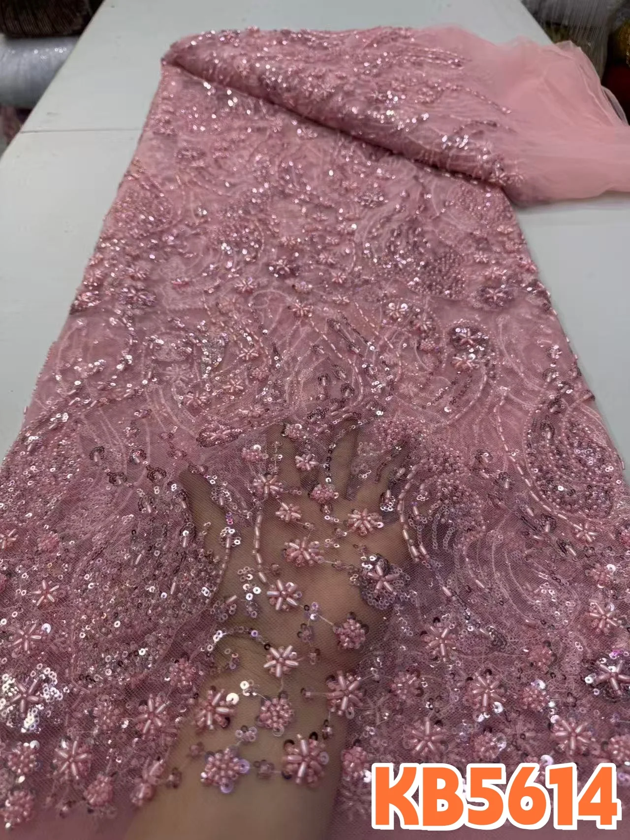 

YLS Nigerian Pink Beaded Lace Fabric 2026 French African Sequins Mesh Lace Fabric for Bridal Party Dress Sewing 5 Yards KB5614