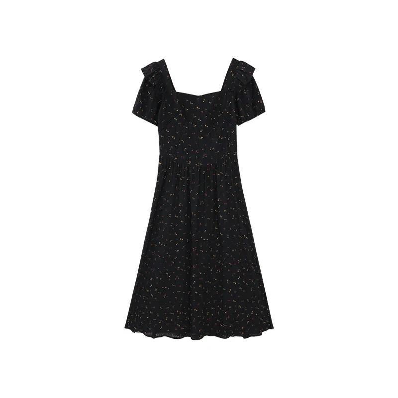 ALXNAN Women's Black Floral Dress Elegant Long Square Neck Puff Sleeve Dresses 2025 Summer Casual Party Female Clothing L56011