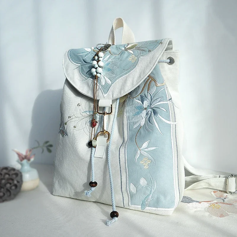 

15-дюймовый ретро-рюкзак в китайском стиле из холщовой ткани с ручной вышивкой, художественный рюкзак для ноутбука с застежкой-молнией и шнурком для женщин