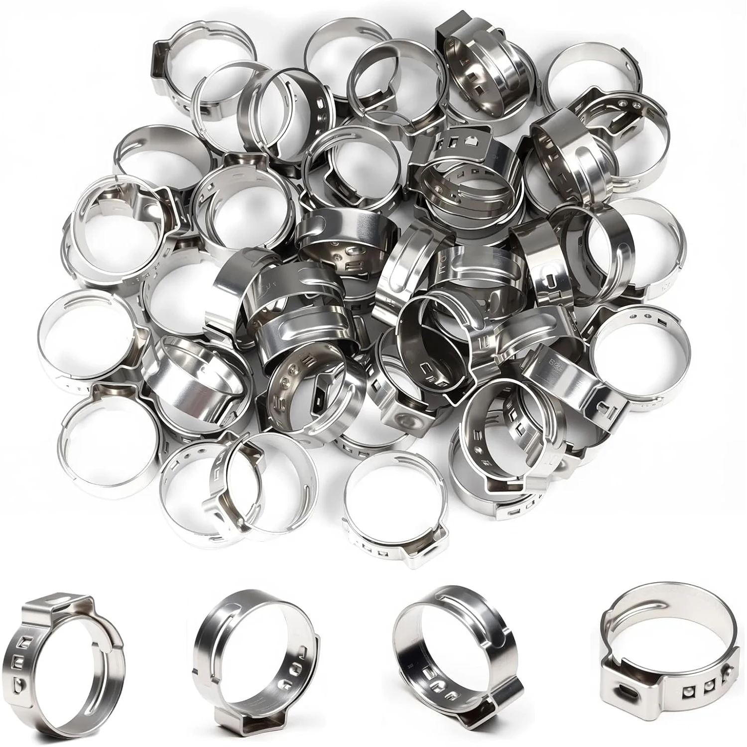 50 PCS Single Ear Hose Clamps 5.3-42mm Multiple Specifications High Quality Stainless Steel 304 Ear Pipe Clamps Assortment Kit