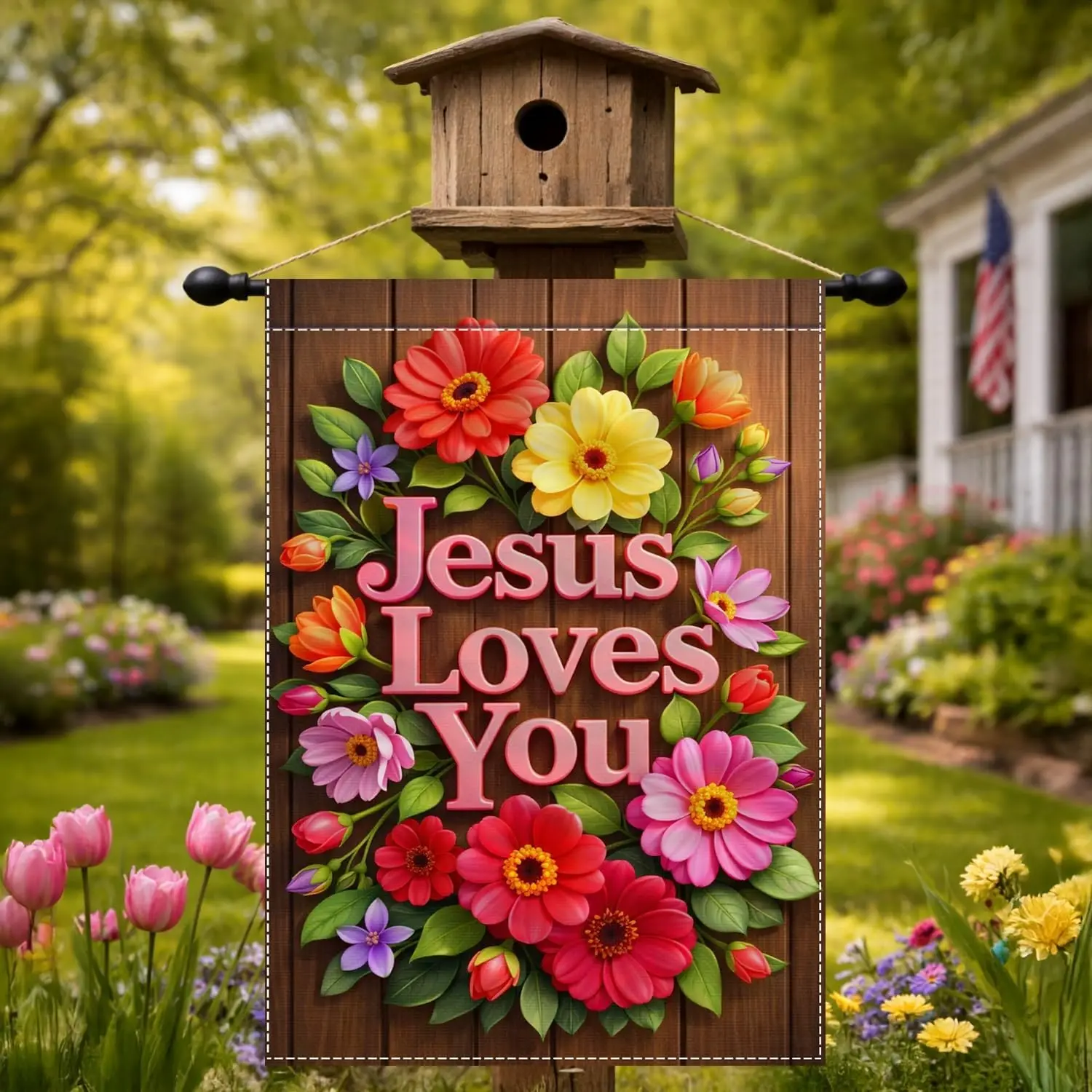 Jesus Loves You Garden Flag 12x18 Inch Floral Christian Double Sided Polyester Yard Flag Religious Faith Porch Outdoor Decor kkz