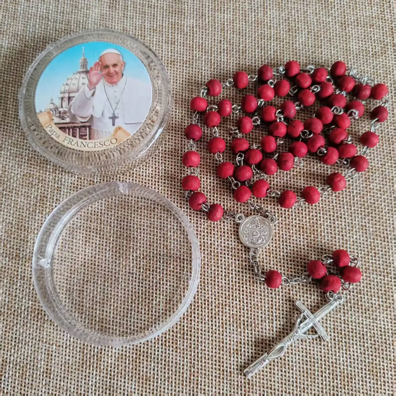 perfumer rose scent wood beads religious Pope Francis catholic rosary necklace with crucifix &plastic saint case