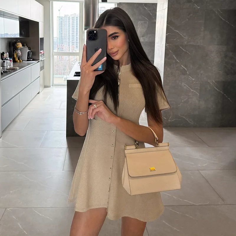 

Женское однотонное трикотажное мини-повседневное платье, модное однобортное платье трапециевидной формы с круглым вырезом и коротким рукавом, уличная одежда, элегантная вечерние клубная одежда