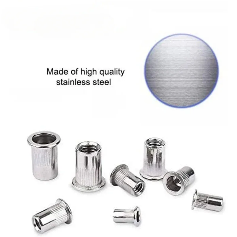 M4 M5 M6 M8 M10 304 Stainless Steel Rivet Nuts Rivnuts Knurled Steel Head Nutserts Flat Head Threaded Insert Nuts Assortment