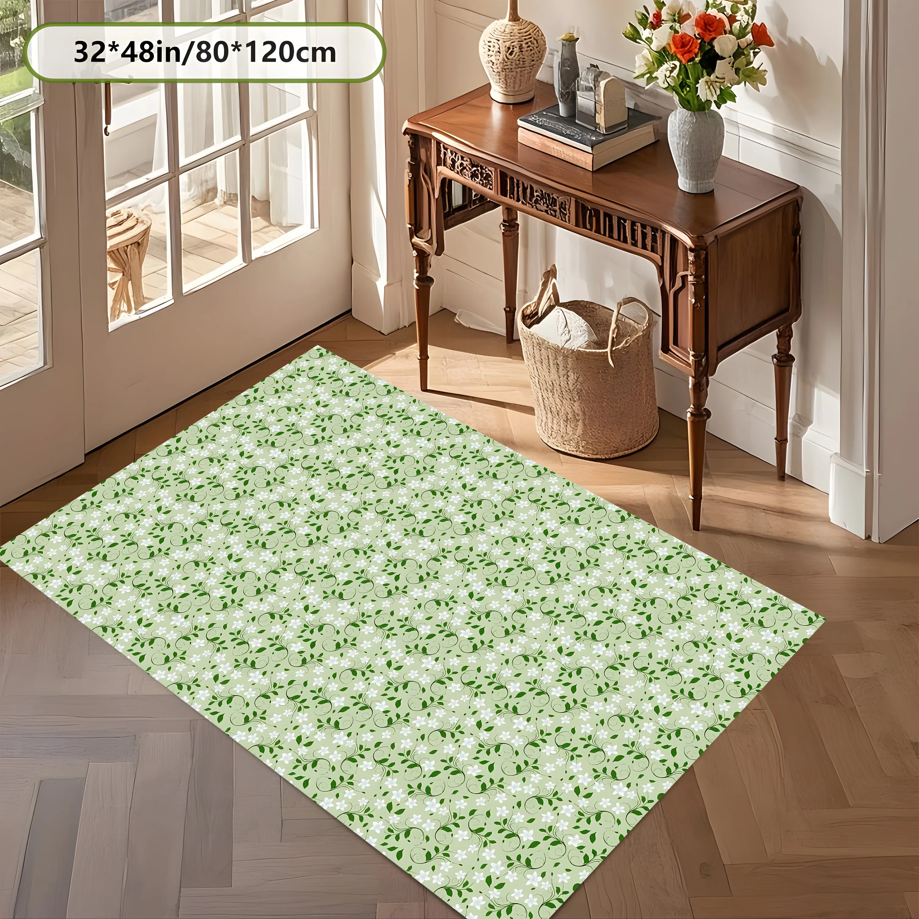 2D Carpet with Light Green Small Floral Pattern Throughout in Fresh Forest Style for Living Room and Bedroom