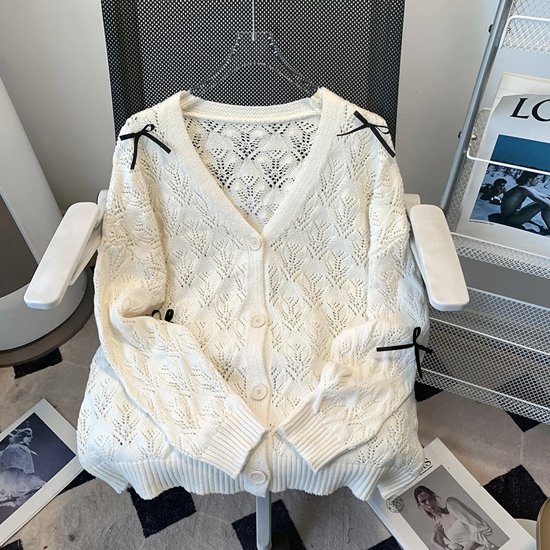 

Apricot V-Neck Knitted Cardigans For Women Spring Autumn Long Sleeved Single-breasted Sweater Bow Casual Loose Outerwear