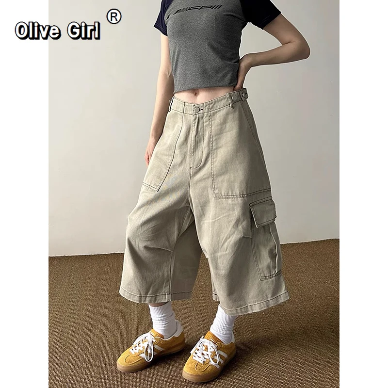 

Olivegirl Vintage Short Jeans Y2k Cargo Pants Women Harajuku Jorts Baggy Summer Trousers Streetwear Korean Fashion Capris
