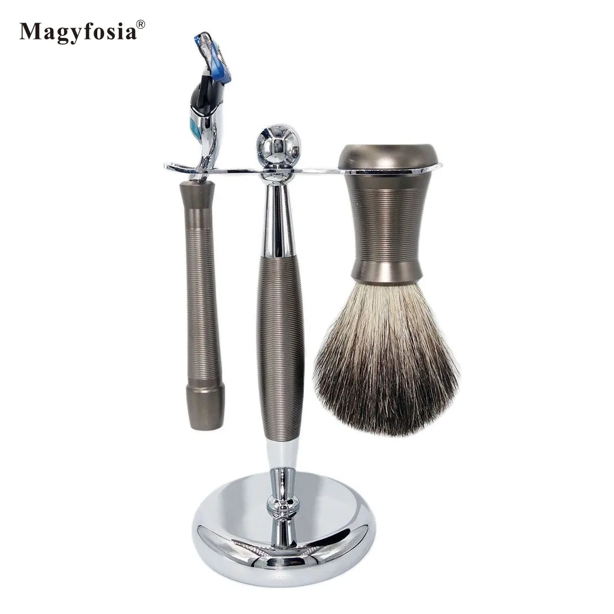 Magyfosia Men's New Luxury Gunmetal Grey 5-Layer Fusion Razor Manual Shaver Soft Badger Hair Shaving Brush and Bowl Set Gift