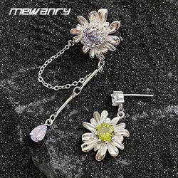 Mewanry Multicolor Zircon Asymmetry Daisy Stud Earrings For Women Girls Creative Design Sweet Temperament Anniversary Jewelry