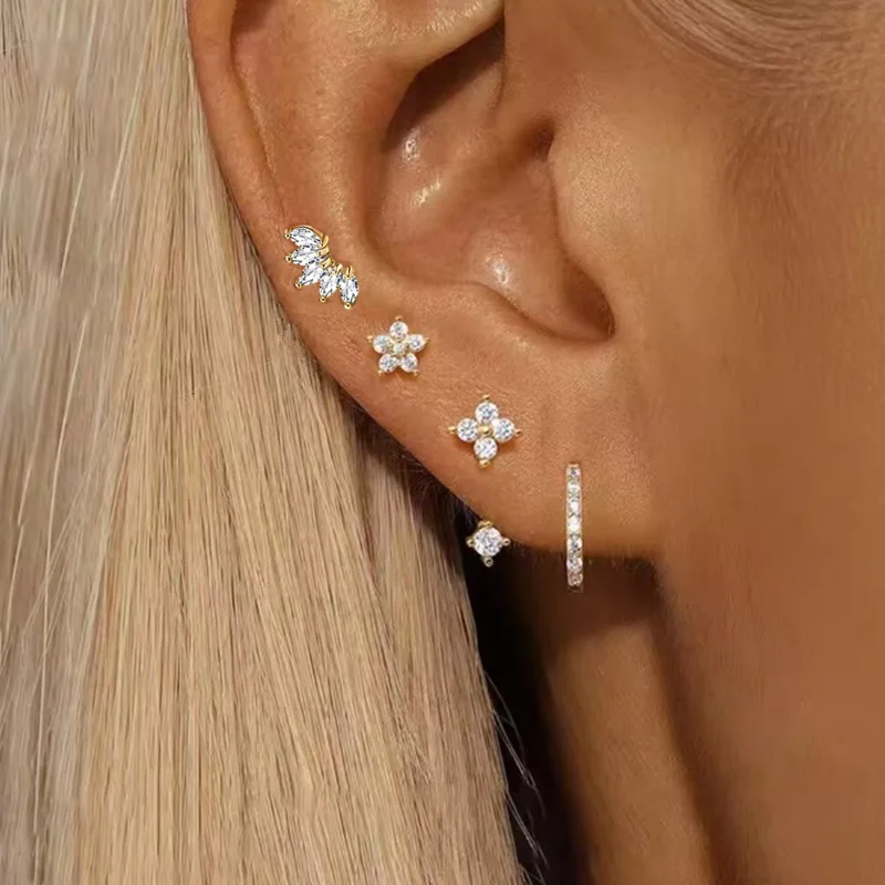 4PCS Mode Zirkon Runde Hoop Ohrring Set Frauen Temperament Blume Ohr Stud Huggie Ohrring Tragus Piercing Knorpel Schmuck – Detail 2