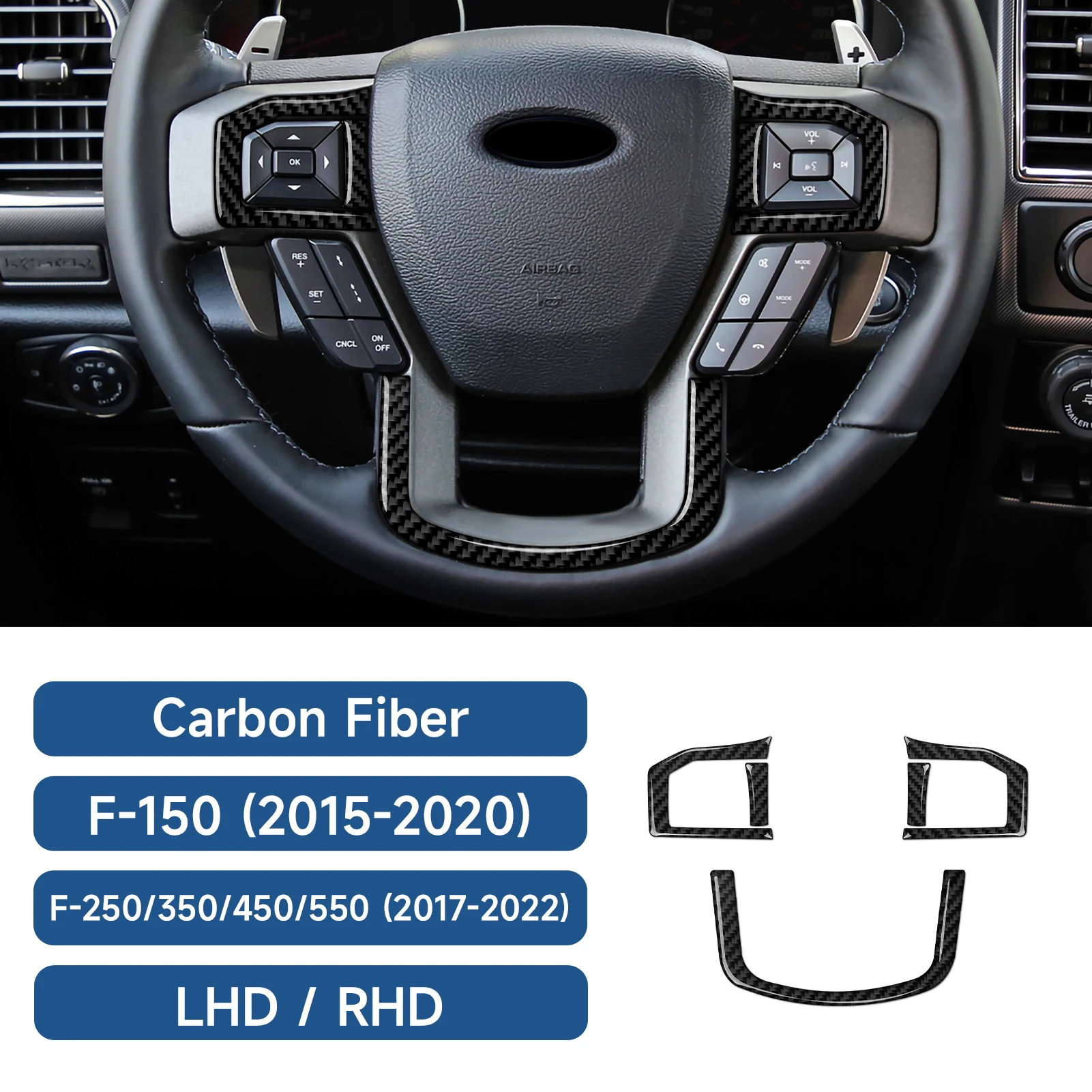 Car Steering Wheel Panel. Soft Carbon Fiber Interior Sticker. For Ford F-150 250 350 450 550 (2015-2022) Trim Accessories.