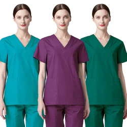 Plug Size Scrub Top Women Medical Uniform Cotton Nursing Clothes V Neck Scrub Shirt Short Sleeve Doctor Workwear Hospital Scrubs