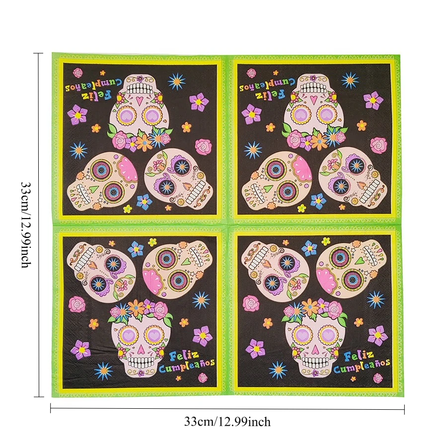 مناديل كالافيرا المكسيكية مقاس 13 بوصة جماجم مكونة من طبقتين مرسومة يدويًا وقطيفة وقماط فيليز |   ديكور طاولة فييستا، مستلزمات دي مورتوس