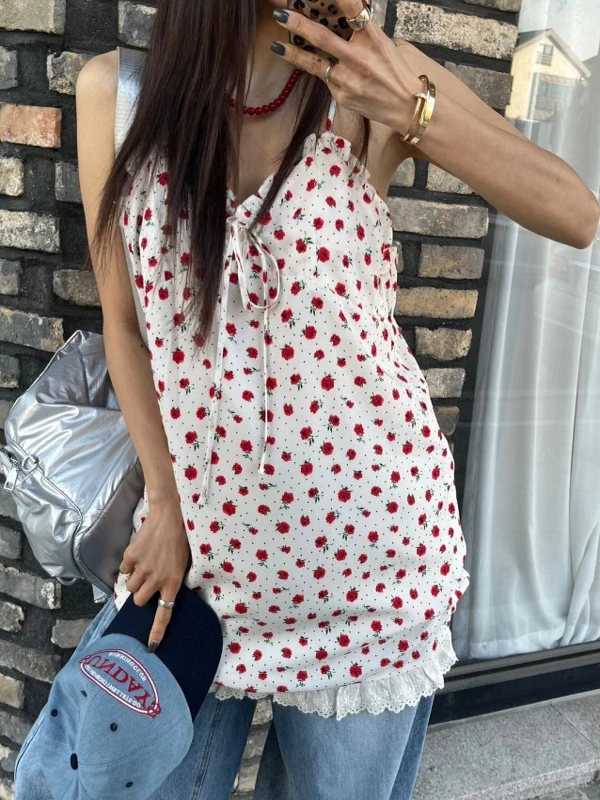 กระโปรงลายดอกไม้ผูกโบว์สไตล์หวานน่ารักสำหรับผู้หญิง แต่งขอบลูกไม้ ผ้าฝ้ายทรงวี เอวสูง ทันสมัย