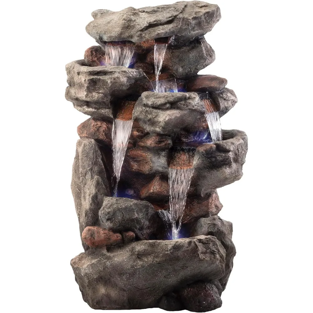 52 inch outdoor floor standing fountain with LED lights and natural stone appearance, rock waterfall fountain