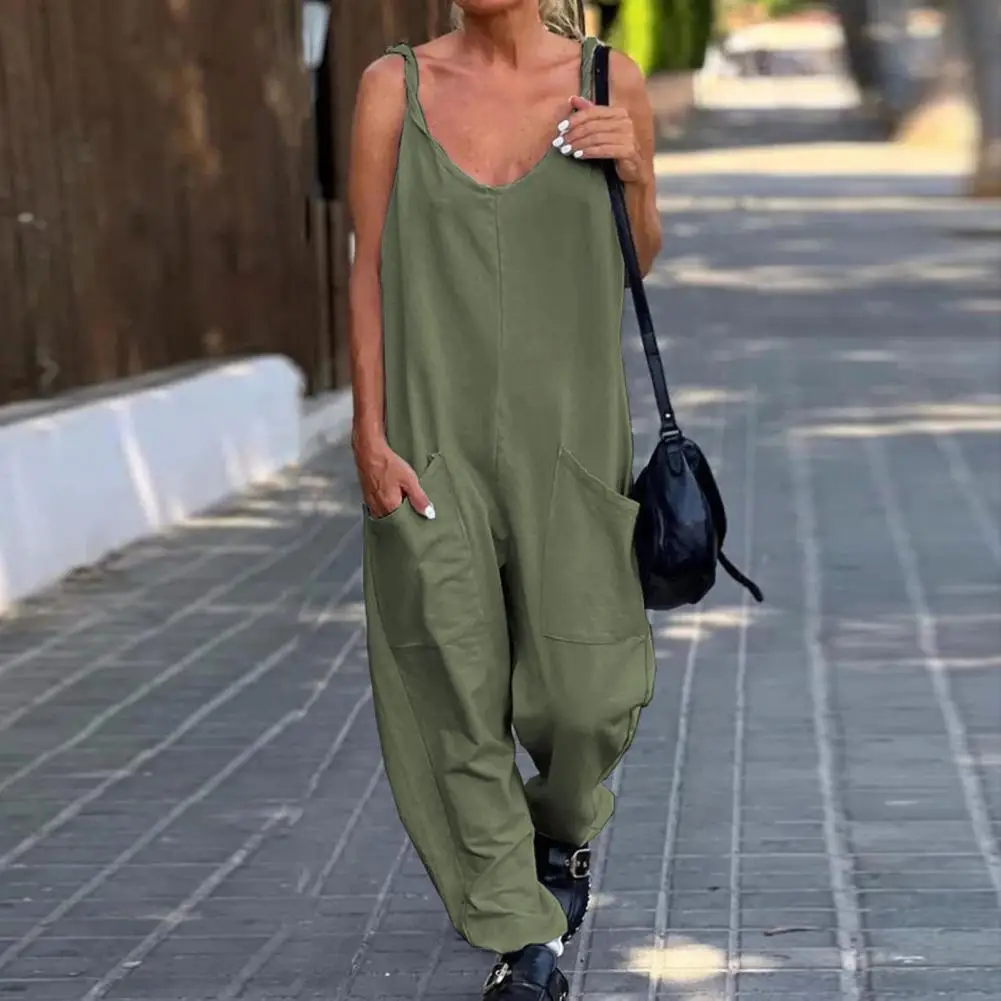 Women Summer Jumpsuit Loose Wide Leg Solid Color V Neck Low-cut Daily Wear Pockets Backless Plus Size Women Overall Lady Clothin