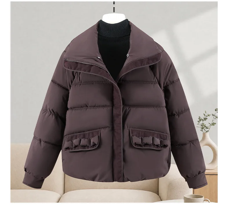 Winter New Solid Color Fur Collar Splicing Short Down Cotton Jacket Women's Thickened Long-sleeved Fashionable Versatile Coat