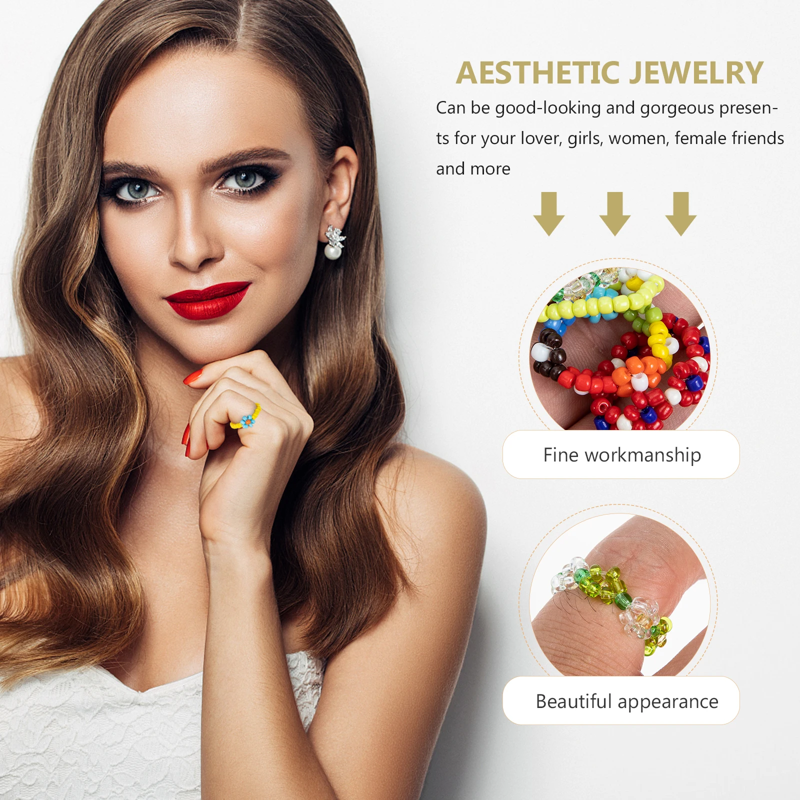 

15 Pcs Costume Jewelry Rings Cute for Teen Beaded Flower Stretch Elastic Aesthetic