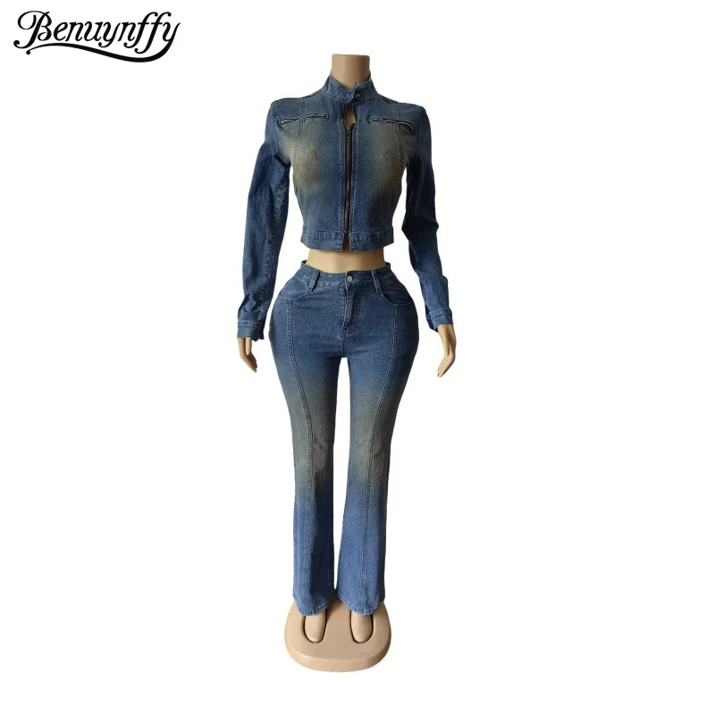 

Benuynffy Винтажная укороченная джинсовая куртка на молнии с воротником-стойкой и расклешенными джинсами с низкой посадкой, комплект из 2 предметов для женского наряда 2025 г.