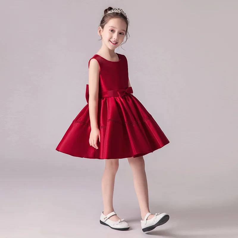 Children\'s dress 2024 spring new red pongee skirt small host piano dress girl princess dress