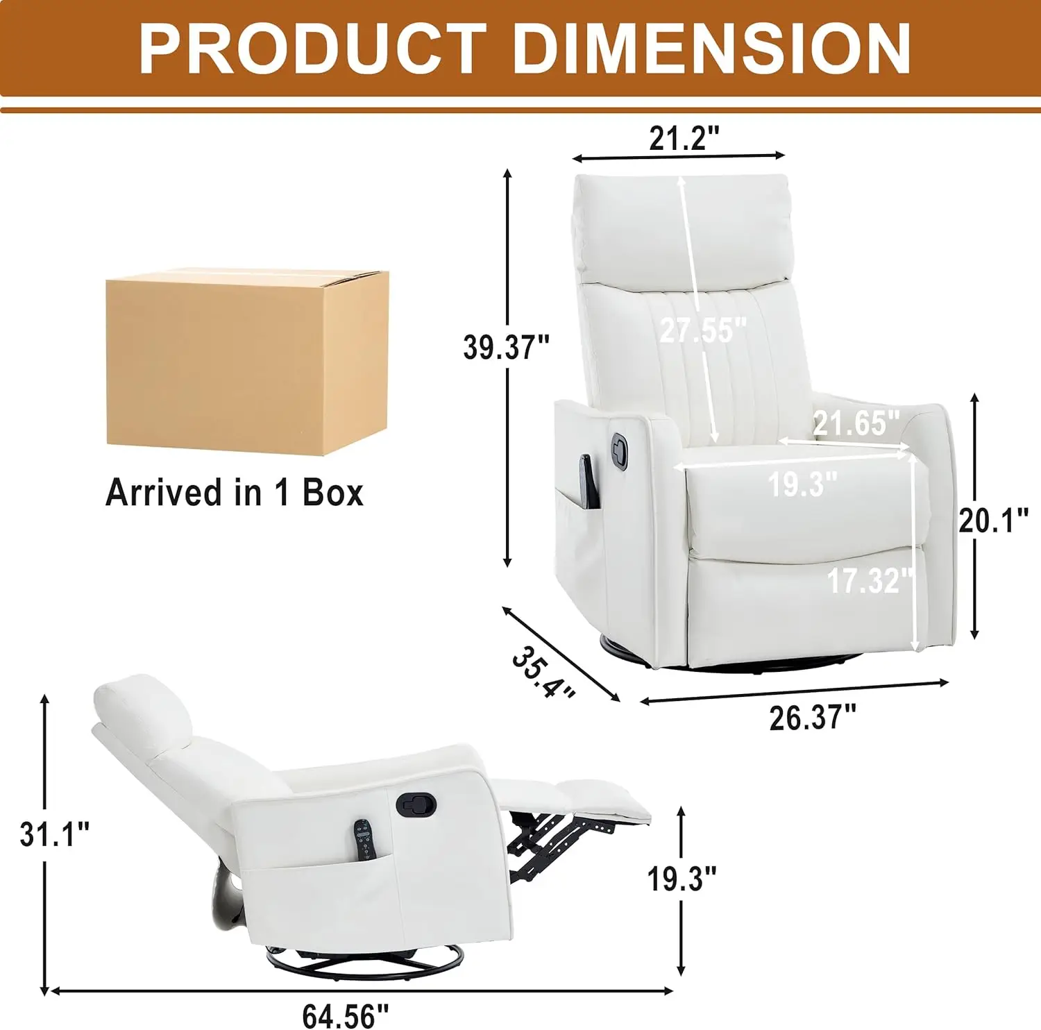 Adult Manual Swivel Rocker Recliner for Living Room/Nursery, Faux Leather, White, with Massage and Heat