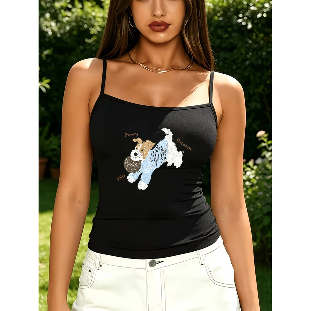 Cute Playing Dog Camisole Funny Puppy Frisbee Graphic Tank Top Summer Beach Vacation Holiday Birthday Gift for Women