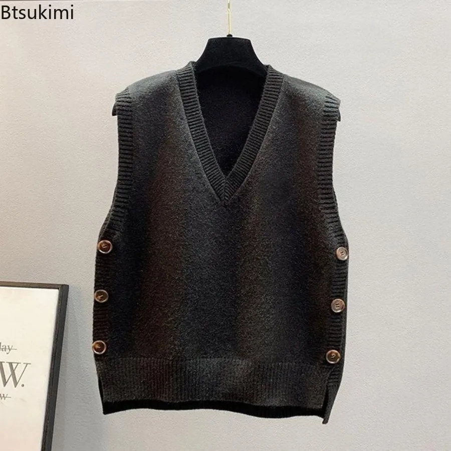 Woman Retro V-neck Sweaters Knitted Vest 2025 Autumn Winter Loose Sleeveless Knitwear Fashion Femme Winter Pullover Sweaters