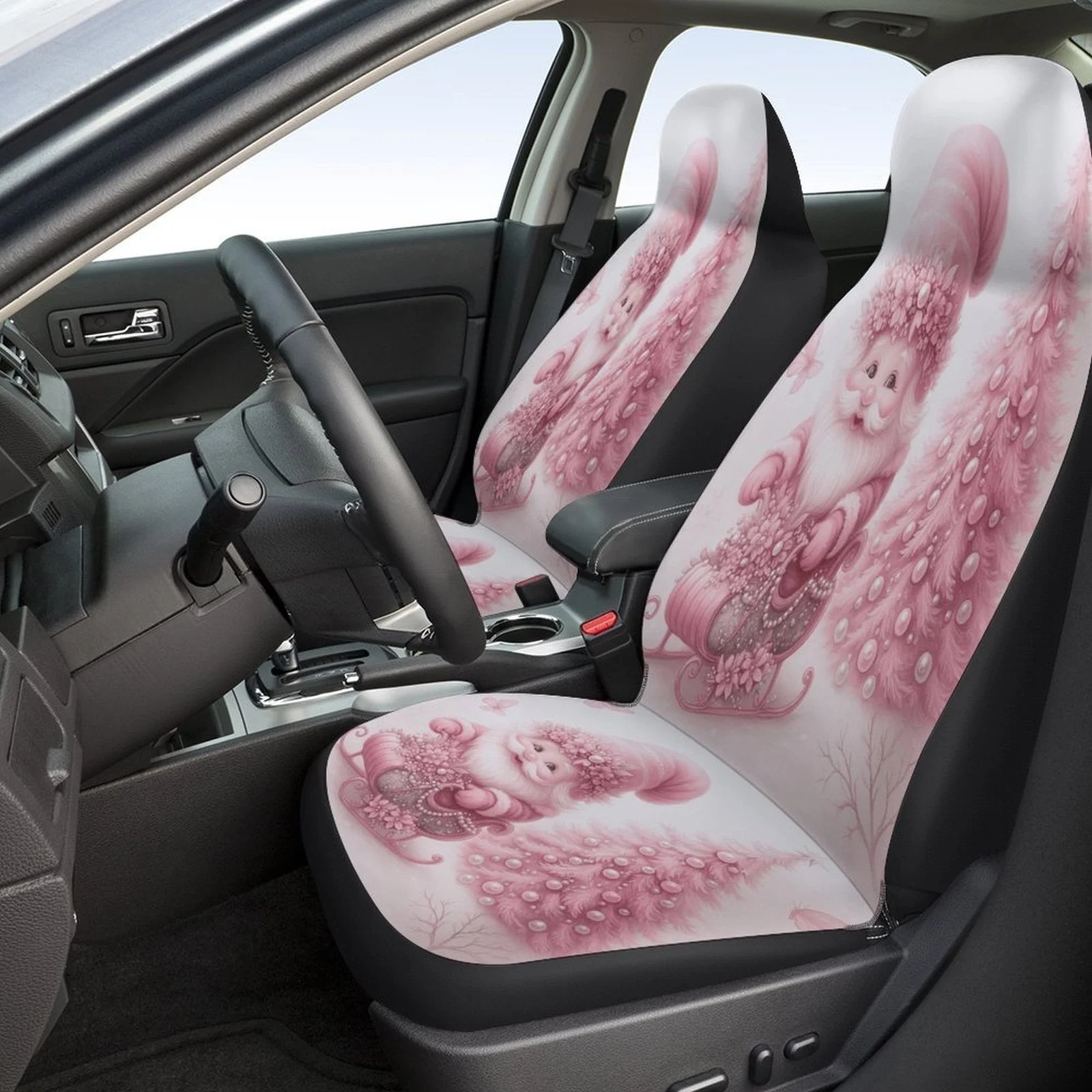 Pink Santa Sleigh Designed Car Seat Cover Set For Most Cars, Trendy Novelty High-quality Car Seat Protector Covers Full Set, Ca