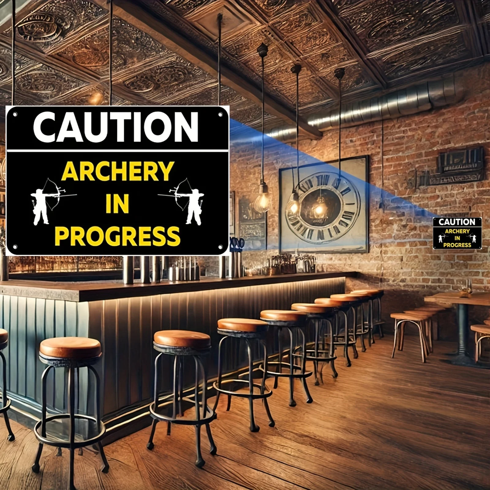 2D Metal Sign No Frame 1PCS Archery In Progress Warning Decoration Black Yellow Vintage Wall Mount for Camping Outdoor Range Saf