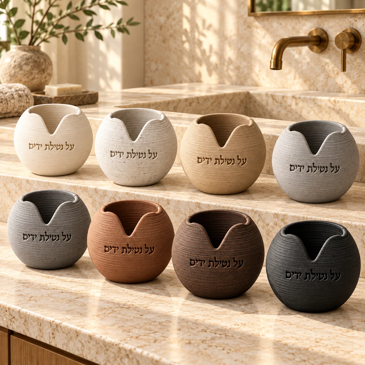 Modern Spherical Netilat Yadayim Bowl Textured Ceramic Jewish Hand Wash Cup Judaica Decor Hebrew Engraved Shabbat Ritual Gift