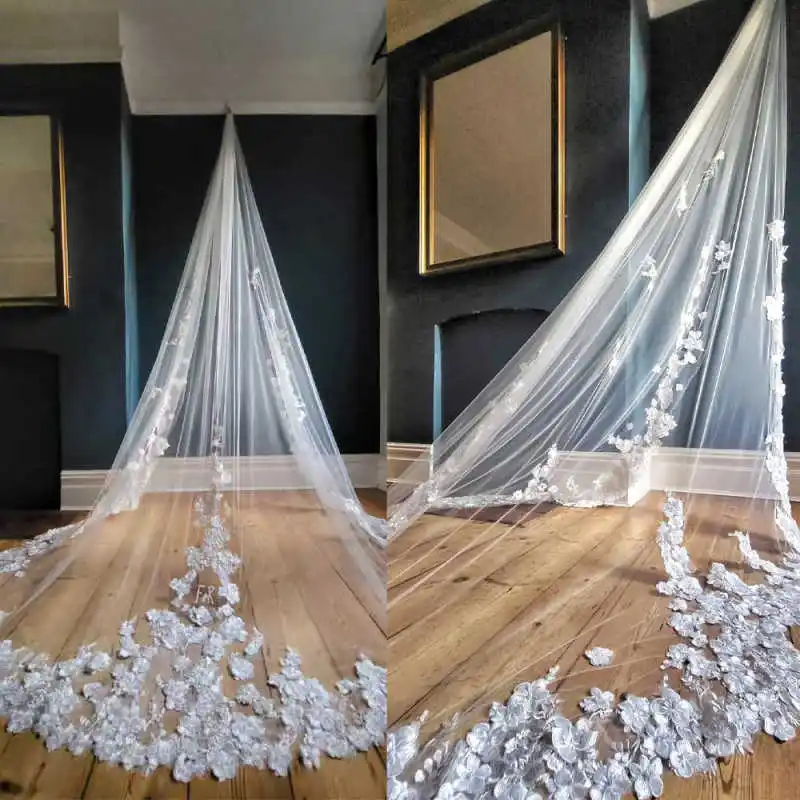 

Индивидуальная фата принцессы на свадьбу с цветочным принтом, однослойная длинная соборная длина, кружевной край, Velo De Cabeza для невесты, вуаль