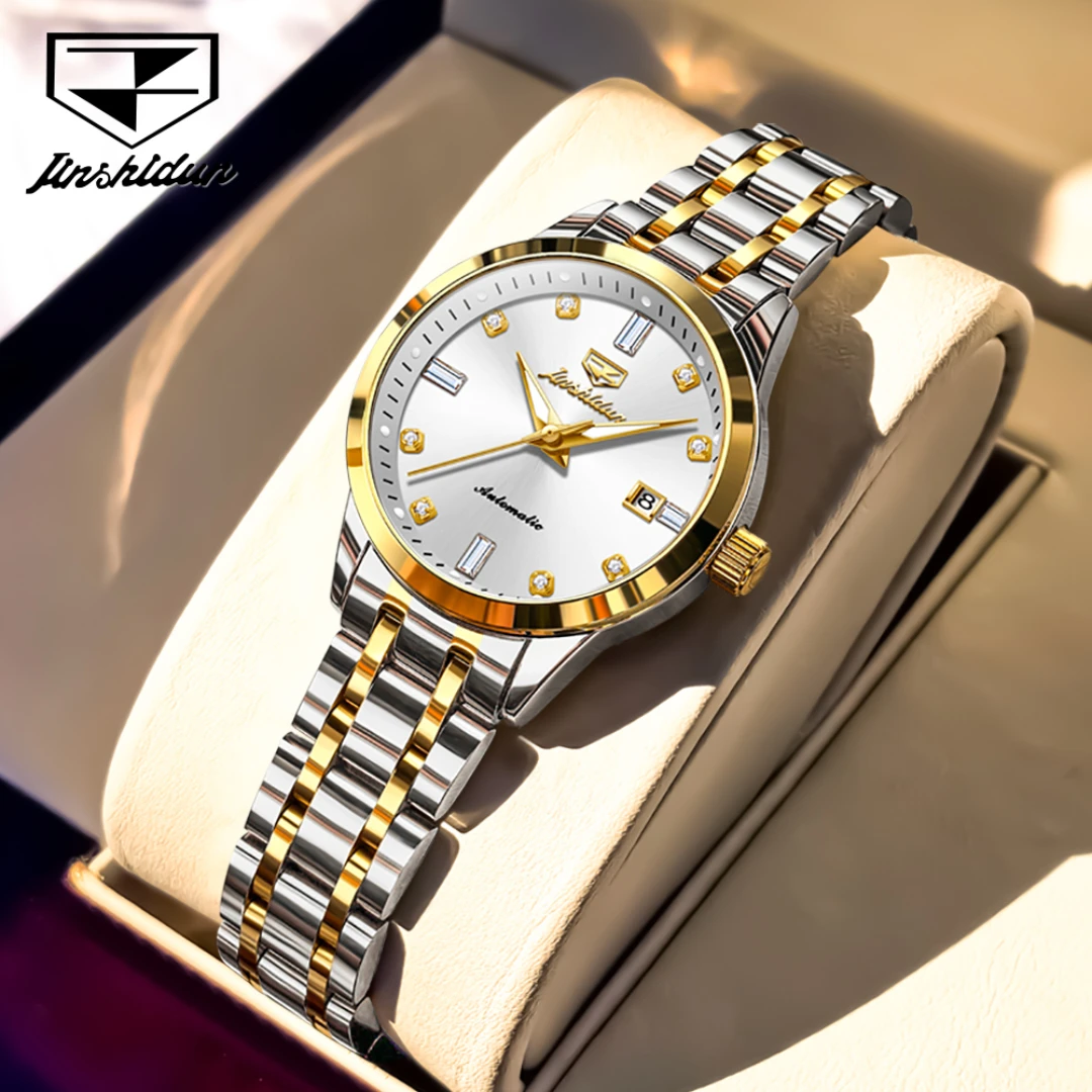 

JSDUN 8841 модные механические часы в подарок с круглым циферблатом из нержавеющей стали, ремешок для часов, наручные часы с календарем