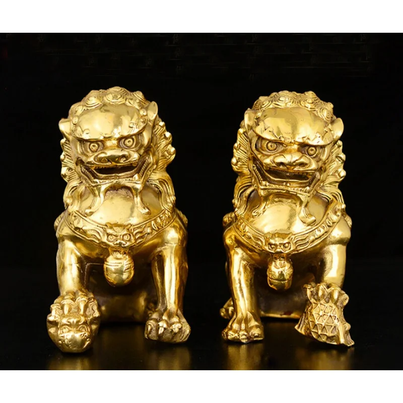 China old Classic Archaic Bronze lion pair Fu Foo Dog guard Statues lions 15.5cm