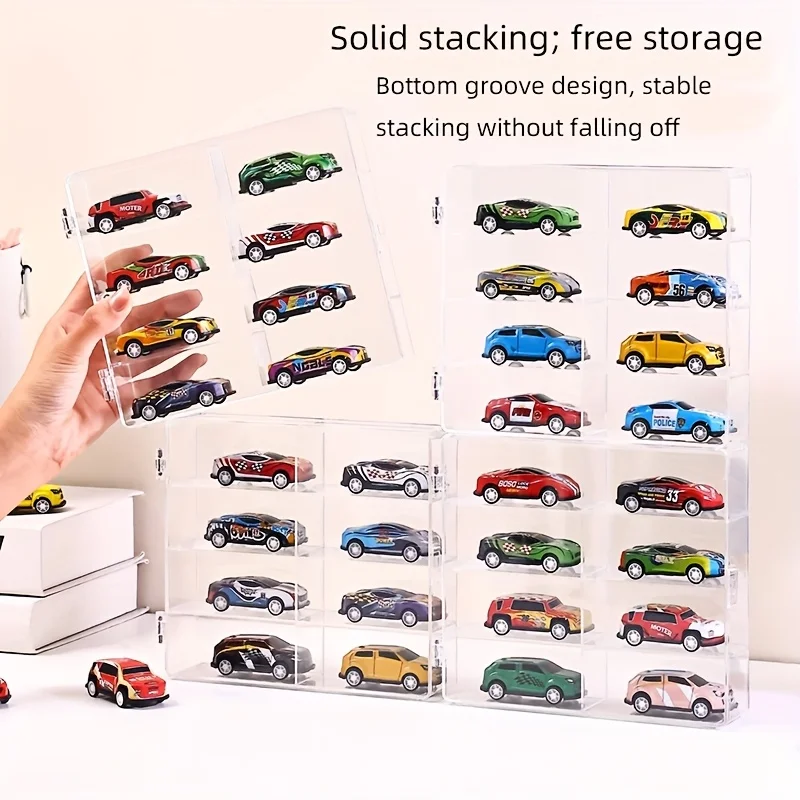 1/64 scale alloy model car display box with 8 toy car models; storage shelf for display