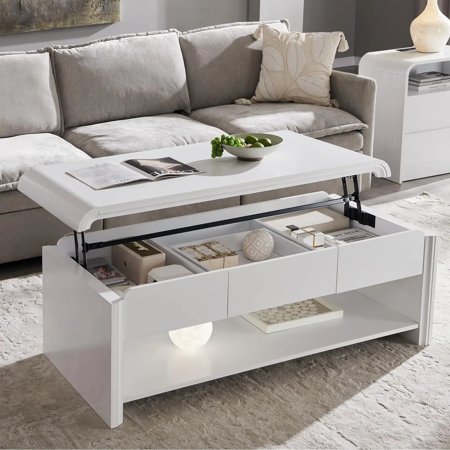 Lift Top Coffee Table w/Storage Drawer & Two-Tier Shelf, Modern Rectangle Wood Center Table for Living Room, White, Customized