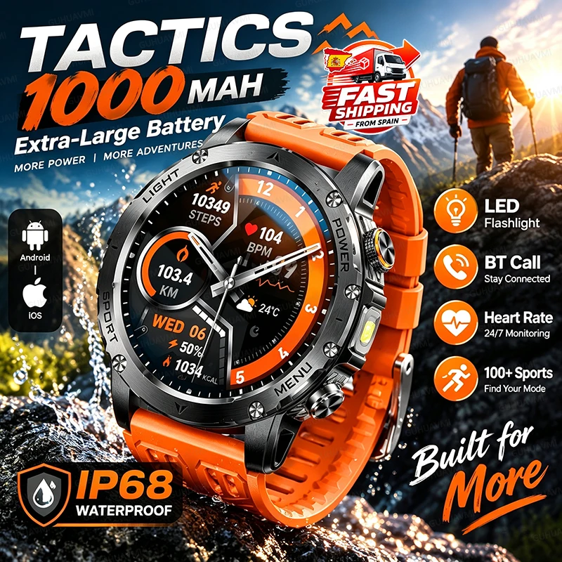 2026 nouvelle série TANK 1000mAh batterie montre intelligente 1,7 pouces HD écran AMOLED tactiques militaires extérieures LED lampe de poche 100 + sports Bluetooth appel IP68 montre de natation imperméable