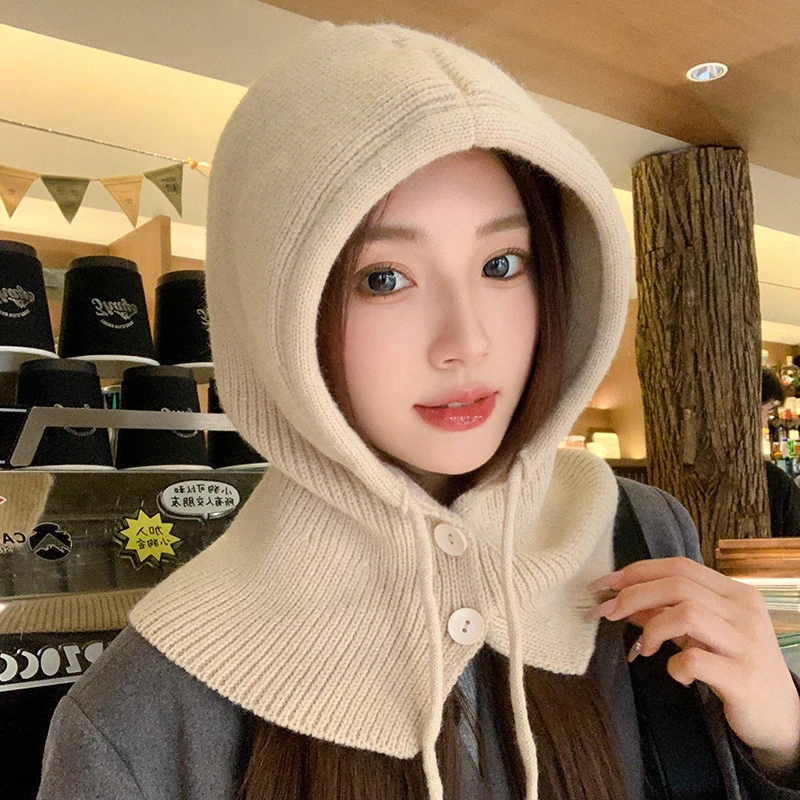 Winter Balaclava Hat Warm Knitted Women\'s Hood Hat Solid Color One-piece Neck Pullover Cap Outdoor Cashmere Caps