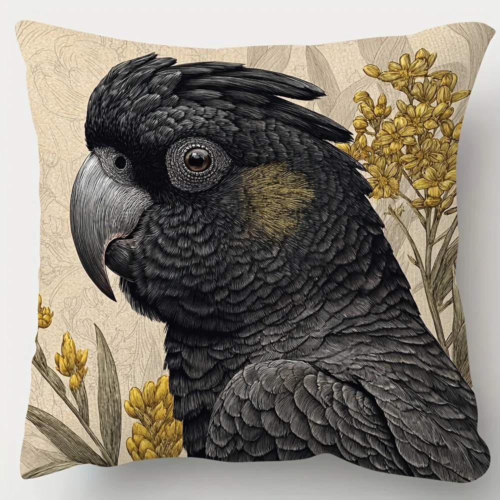 Vibrant Black Cockatoo Floral Print Pillow cover Cushion Decorative Home Accent Pillow for Living Room Bedroom