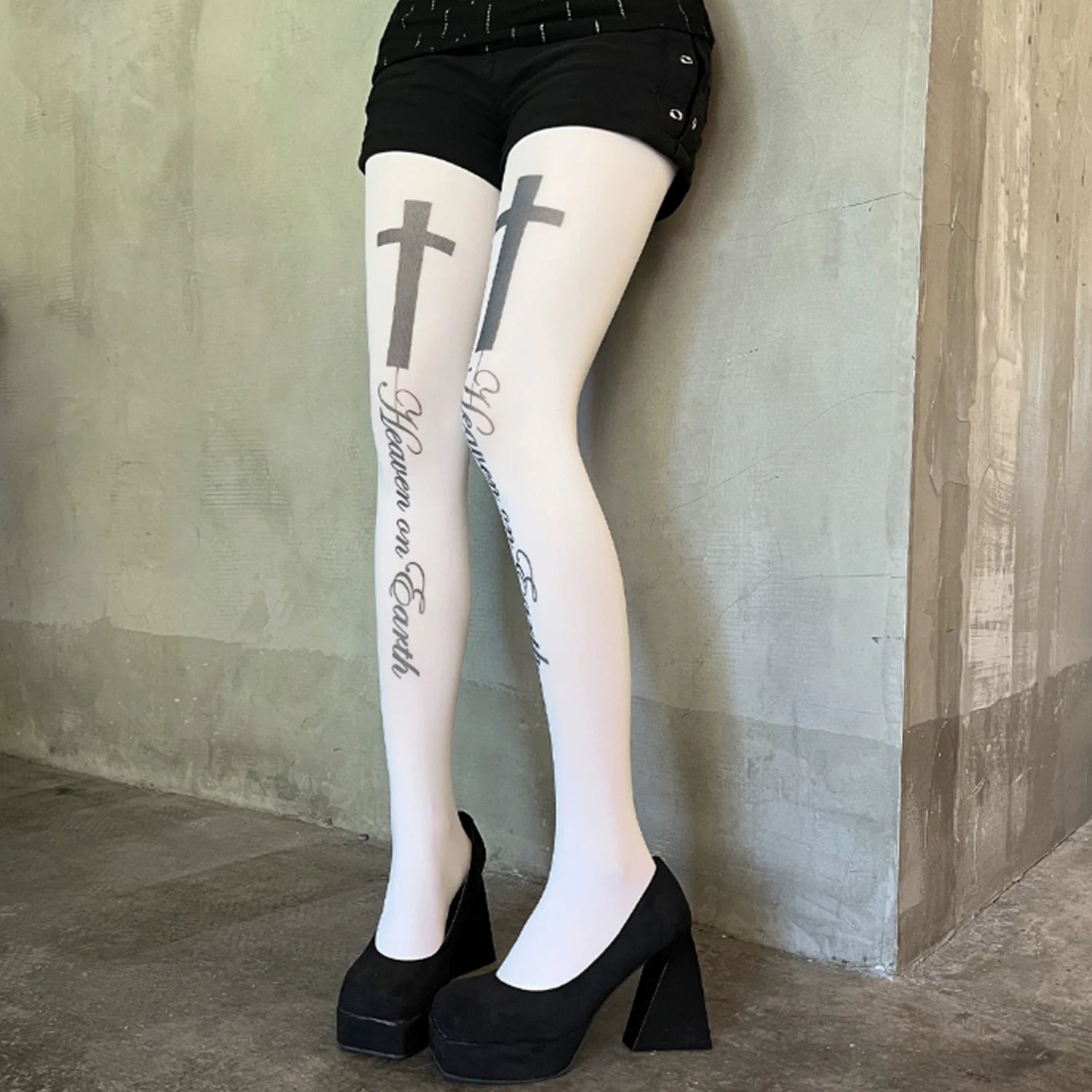 New Cross Letter Print Pantyhose for Women Gothic Punk White Graffiti Letter Print Slim Fit Long Socks Y2K Style Harajuku Tights